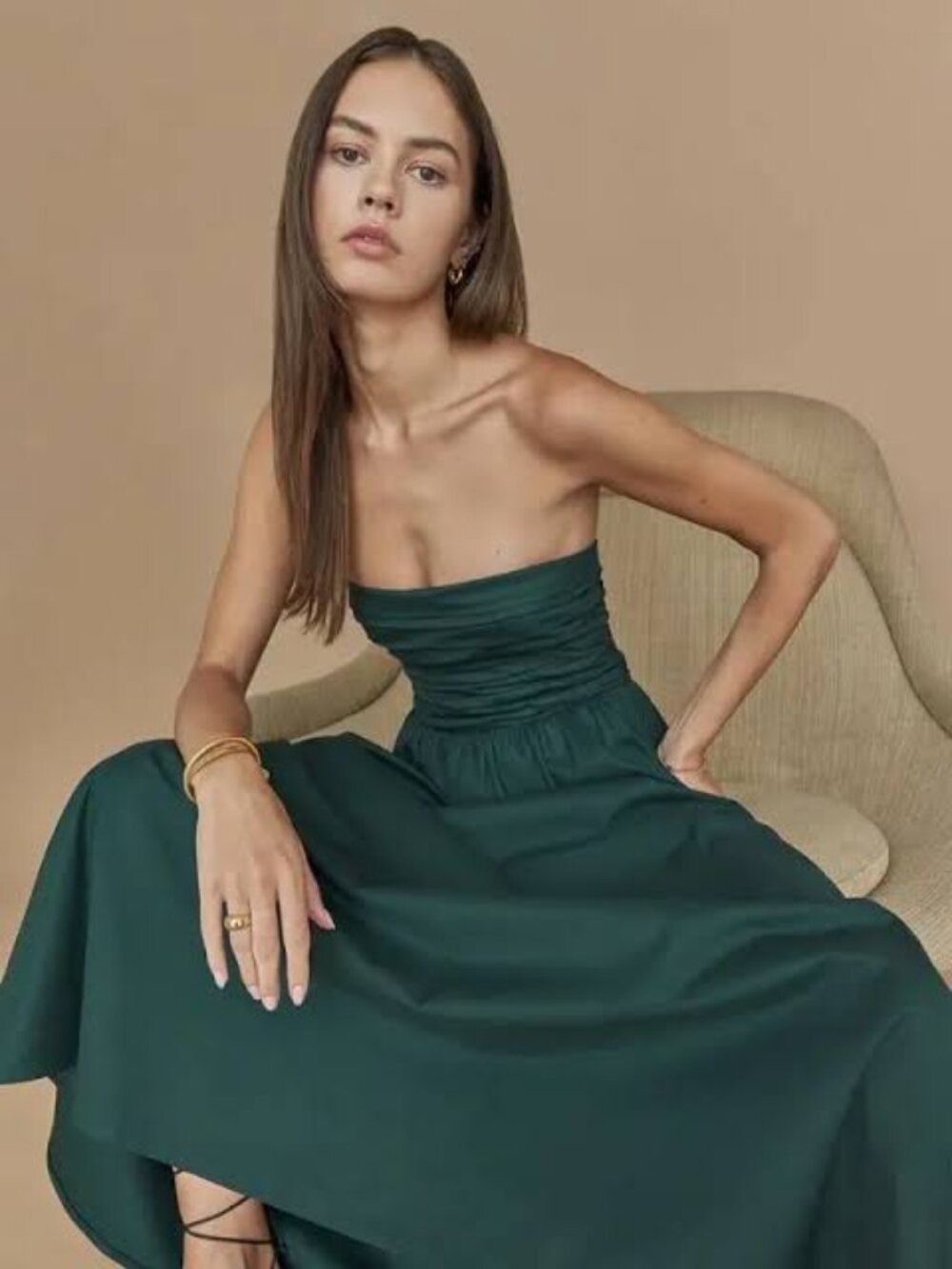 Reformation Lissa Dress Dark Green Ruched Strapless Midi Removable Straps